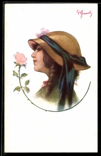 AK Junges Mädchen betrachtet eine Rosenblüte, Art Deco