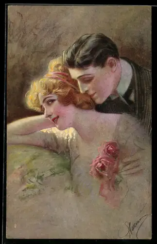 Künstler-AK Liebespaar, Mann im Anzug mit Frau, die Blumen am Kleid hat