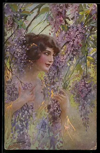 AK Junge Frau bewundert die prachtvollen Fliederblüten, Art Deco