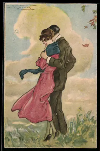 AK Verliebtes Paar beim Spaziergang über die Wiese, Art Deco