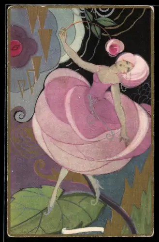 AK Junge Frau tanzt als Rosenblüte auf einem Blatt, Art Deco