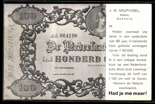 AK Had je me maar!, De Nederlandsche Bank betaalt 100 Gulden..., J. W. Grijpvogel, Notaris