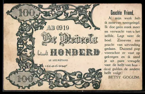 AK Geachte Vriend, De Nederlandsche Bank betaalt 100 Gulden..., Betsy Gogum