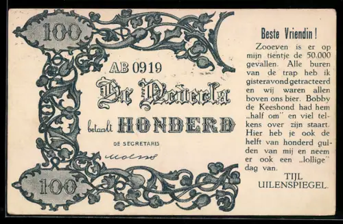 AK Beste Vriendin!, De Nederlandsche Bank betaalt 100 Gulden..., Tijl Uilenspiegel