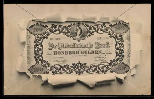 AK De Nederlandsche Bank betaalt 100 Gulden aan Toonder, Geldschein im aufgerissenen Briefumschlag