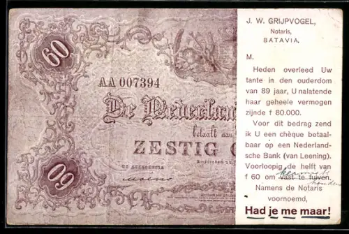 AK Had je me maar!, De Nederlandsche Bank betaalt 60 Gulden..., J. W. Grijpvogel, Notaris