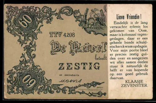 AK Lieve Vriendin!, De Nederlandsche Bank betaalt 60 Gulden..., Klaasje Zevenster