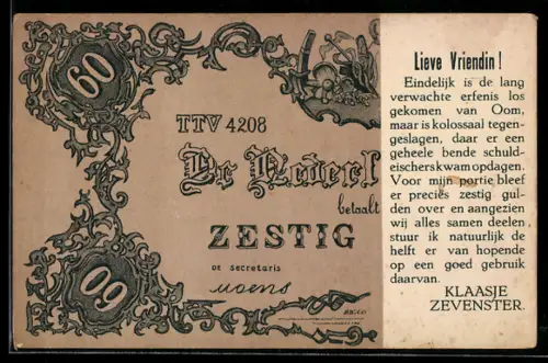 AK Lieve Vriendin!, De Nederlandsche Bank betaalt Zestig Gulden..., Klaasje Zevenster