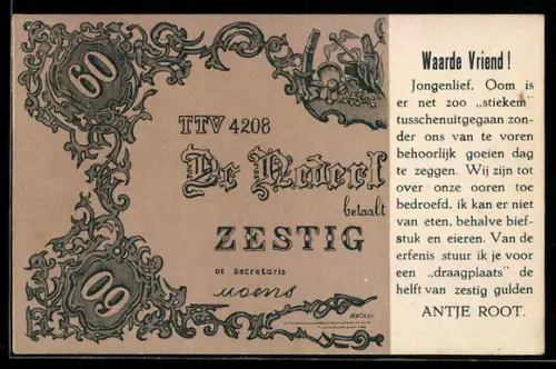 AK Waarde Vriend!, De Nederlandsche Bank betaalt 60 Gulden..., Antje Root