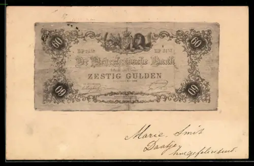 AK De Nederlandsche Bank betaalt 60 Gulden..., Banknote, angekokelt