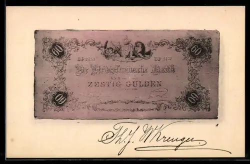 AK De Nederlandsche Bank betaalt 60 Gulden..., angekokelter Geldschein