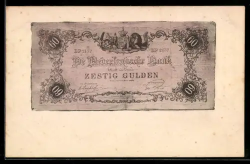 AK De Nederlandsche Bank betaalt 60 Gulden..., angekokelte Banknote