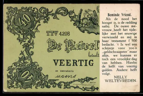 AK Beminde Vriend, De Nederlandsche Bank betaalt 40 Gulden..., Nelly Weltevreden