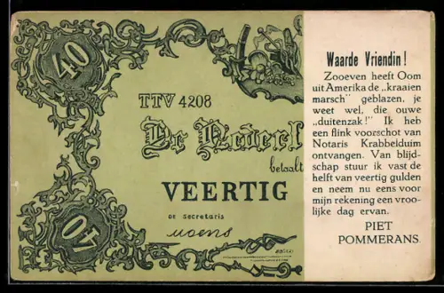 AK Waarde Vriendin!, De Nederlandsche Bank betaalt Veertig Gulden..., Piet Pommerans