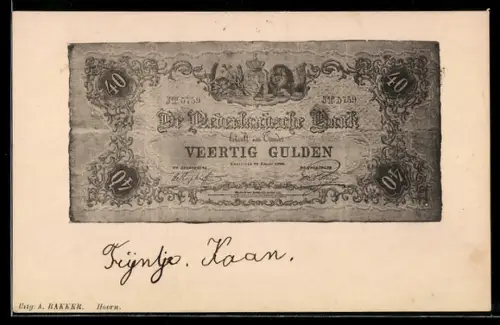 AK De Nederlandsche Bank betaalt aan Toonder Veertig Gulden, angekokelter Geldschein