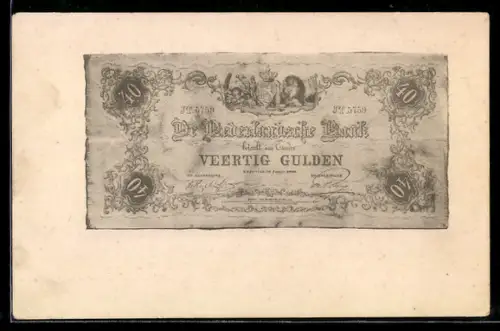 AK De Nederlandsche Bank betaalt 40 Gulden..., angekokelter Geldschein