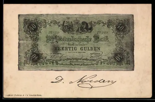 AK De Nederlandsche Bank betaalt 40 Gulden..., angekokelte Banknote