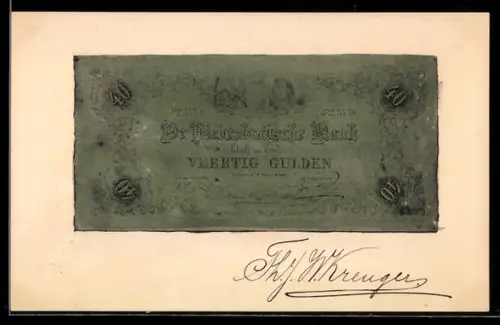 AK Nederlandsche Bank, Ausgefranster Geldschein mit Zahlungsversprechen über 40 Gulden