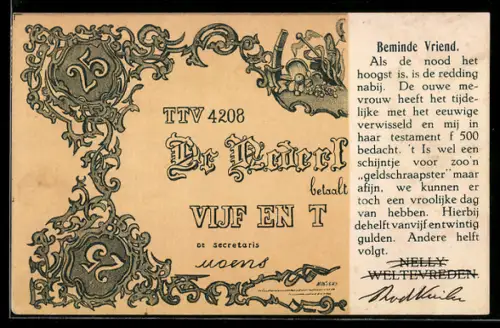 AK Beminde Vriend, De Nederlandsche Bank betaalt 25 Gulden..., Nelly Weltevreden