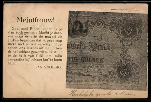 AK Mejutfrouw! Zoo! zoo!..., Jan Snoesig, Zahlungsversprechen über 25 niederländische Gulden, Geldschein