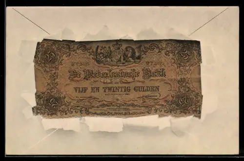 AK Nederlandsche Bank, Ausgefranster Geldschein 25 Gulden im geöffneten Umschlag, Zahlungsversprechen