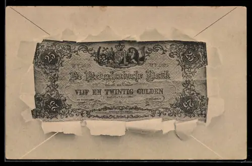 AK Nederlandsche Bank, Ausgefranster 25-Gulden-Schein im geöffneten Umschlag, Zahlungsversprechen