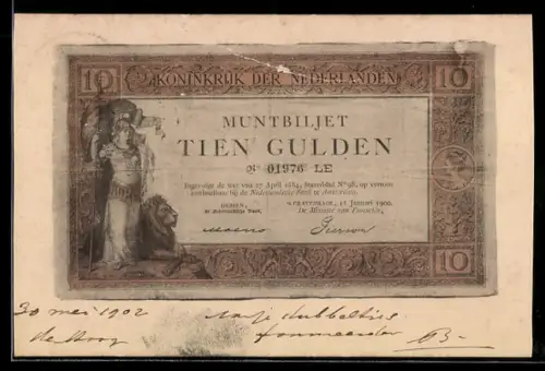 AK Koninkrijk der Nederlanden, Muntbiljet Tien Gulden, ausgefranster Geldschein