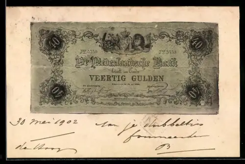AK Nederlandsche Bank, Ausgefranster Geldschein mit Zahlungsversprechen über 40 Gulden
