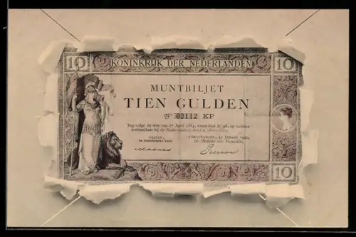 AK Niederlande, Geldschein durch zerrissenes Papier