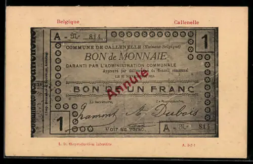 AK Callenelle, Belgischer Geldschein