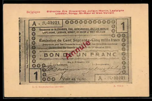 AK Bléharies, Geldschein über einen Franc