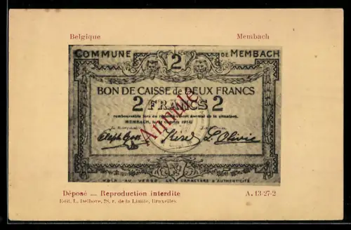 AK Membach, Geldschein über zwei Francs