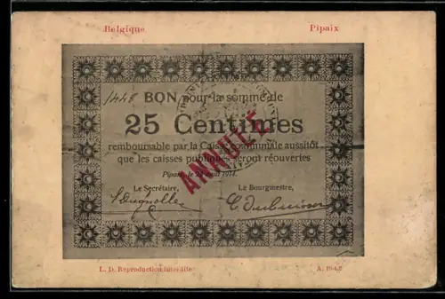 AK Pipaix, Geldschein über fünfundzwanzig Centimes