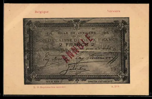 AK Verviers, Geldschein über zwei Francs
