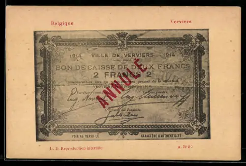 AK Verviers, Geldschein über zwei Francs