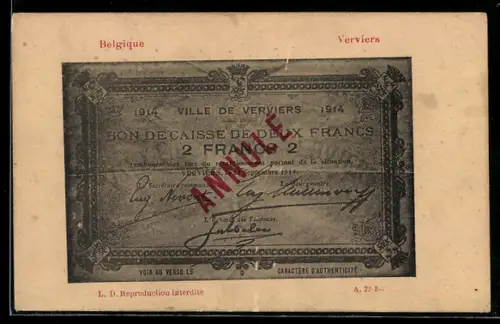 AK Verviers, Geldschein über zwei Francs