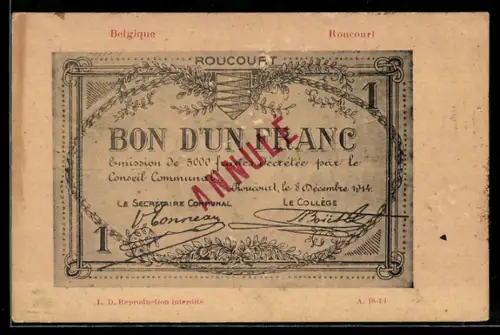 AK Roucourt, Belgischer Geldschein