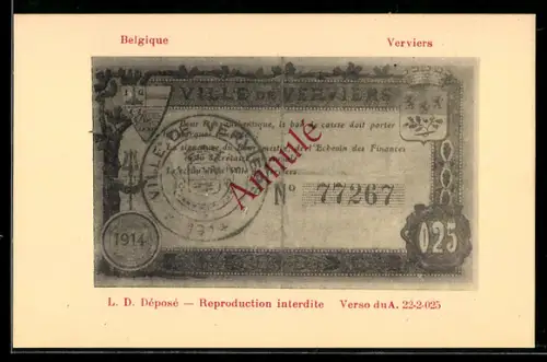 AK Verviers, Belgischer Geldschein