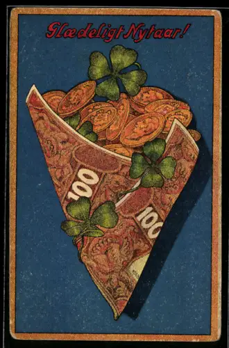 AK Münzen in Tüte aus Geldscheinen, Neujahrsgruss