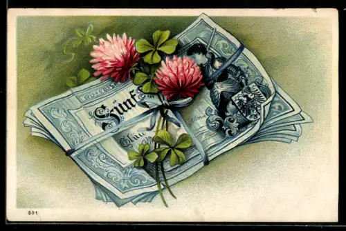 AK Geldbündel, mit Schnur und blühendem Glücksklee, Neujahrsgruss