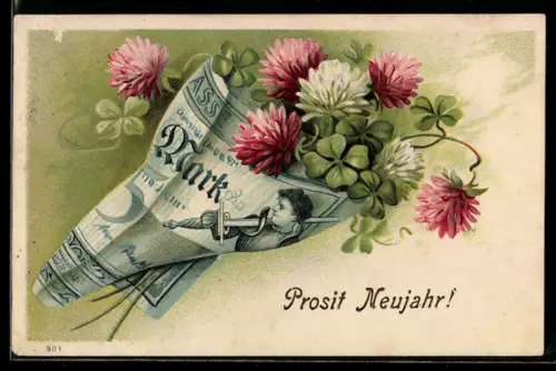 Präge-AK Kleeblätter in einem Fünf-Mark-Schein, Neujahrsgruss