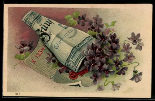 Präge-AK Veilchen in einem Geldschein