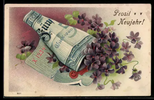 Präge-AK Veilchen in einem Geldschein, Neujahrsgruss