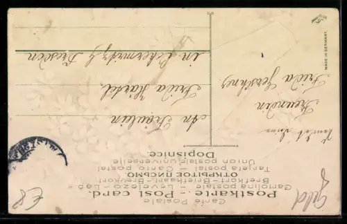 Präge-AK Veilchen in einem Geldschein, Neujahrsgruss