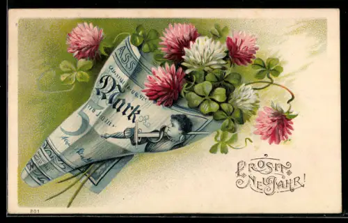 Präge-AK Kleeblätter in einem Geldschein, Neujahrsgruss