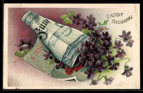 Präge-AK Veilchen in einem Gelschein, Neujahrsgruss