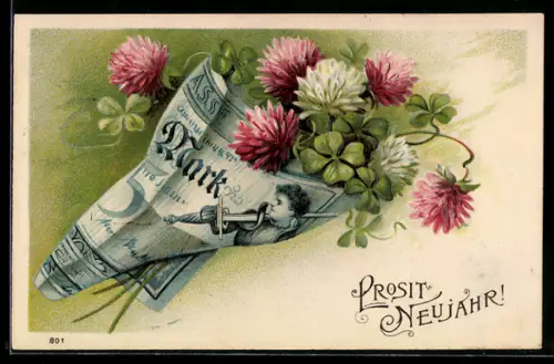 Präge-AK Kleeblätter in einem Geldschein, Neujahrsgruss