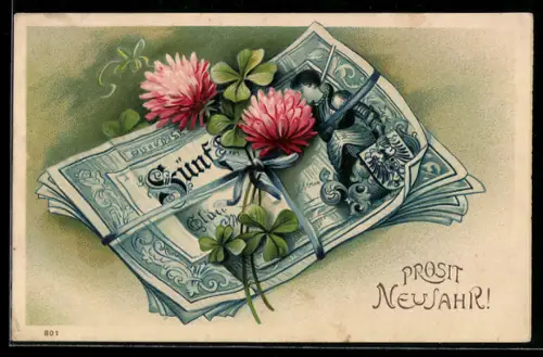 AK Geldbündel, mit Schnur und blühendem Glücksklee, Neujahrsgruss
