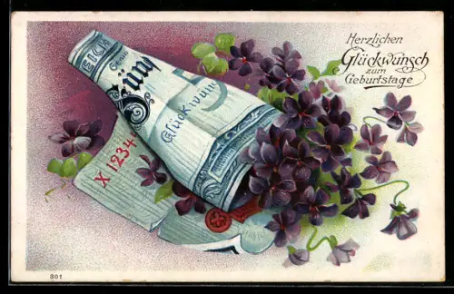 AK Gerollter Geldschein mit Veilchen, Geburtstagsgruss