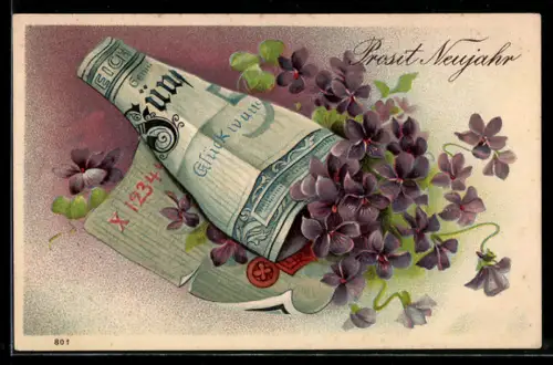 Präge-AK Veilchen in einem Geldschein, Neujahrsgruss